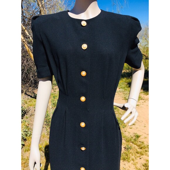 Vintage CHAUS Black Button-Down High High Shoulder Puff Sleeve Wiggle Dress - Picture 4 of 8